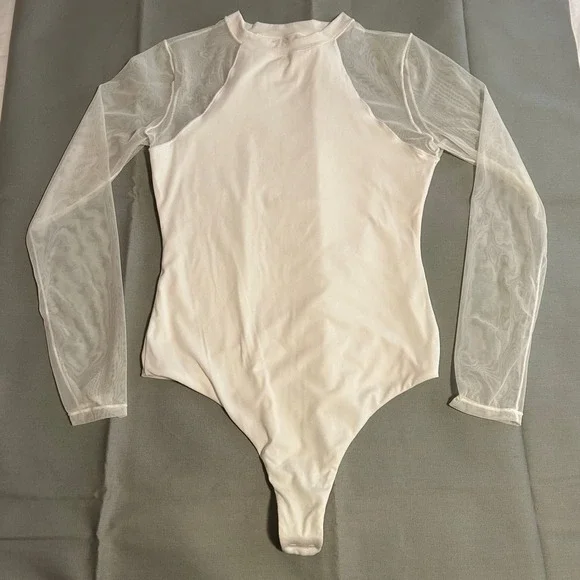 White Bodysuit Sheer Mesh Long Sleeve Mock Neck Top Womens size small - Picture 9 of 12